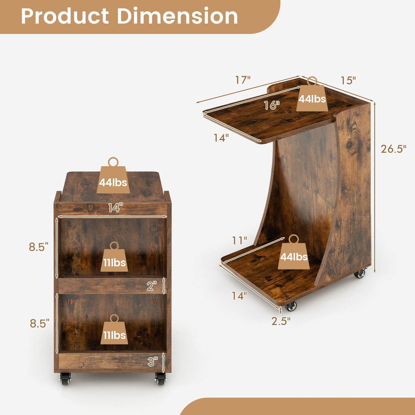 C-shaped Rolling End Side with Back Storage Shelves beside Sofa-Gray