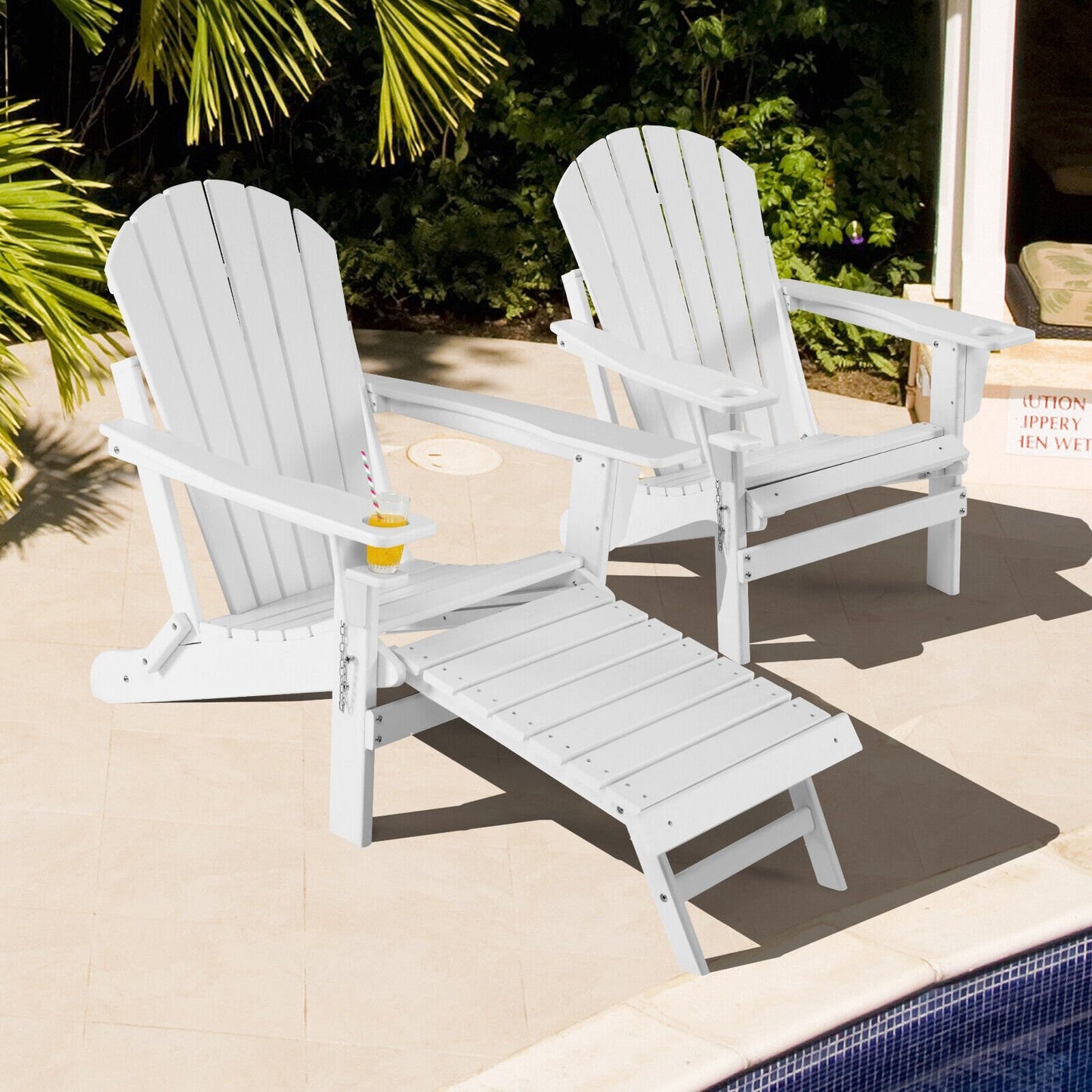 Patio All-Weather Folding Adirondack Chair with Pull-Out Ottoman-Black