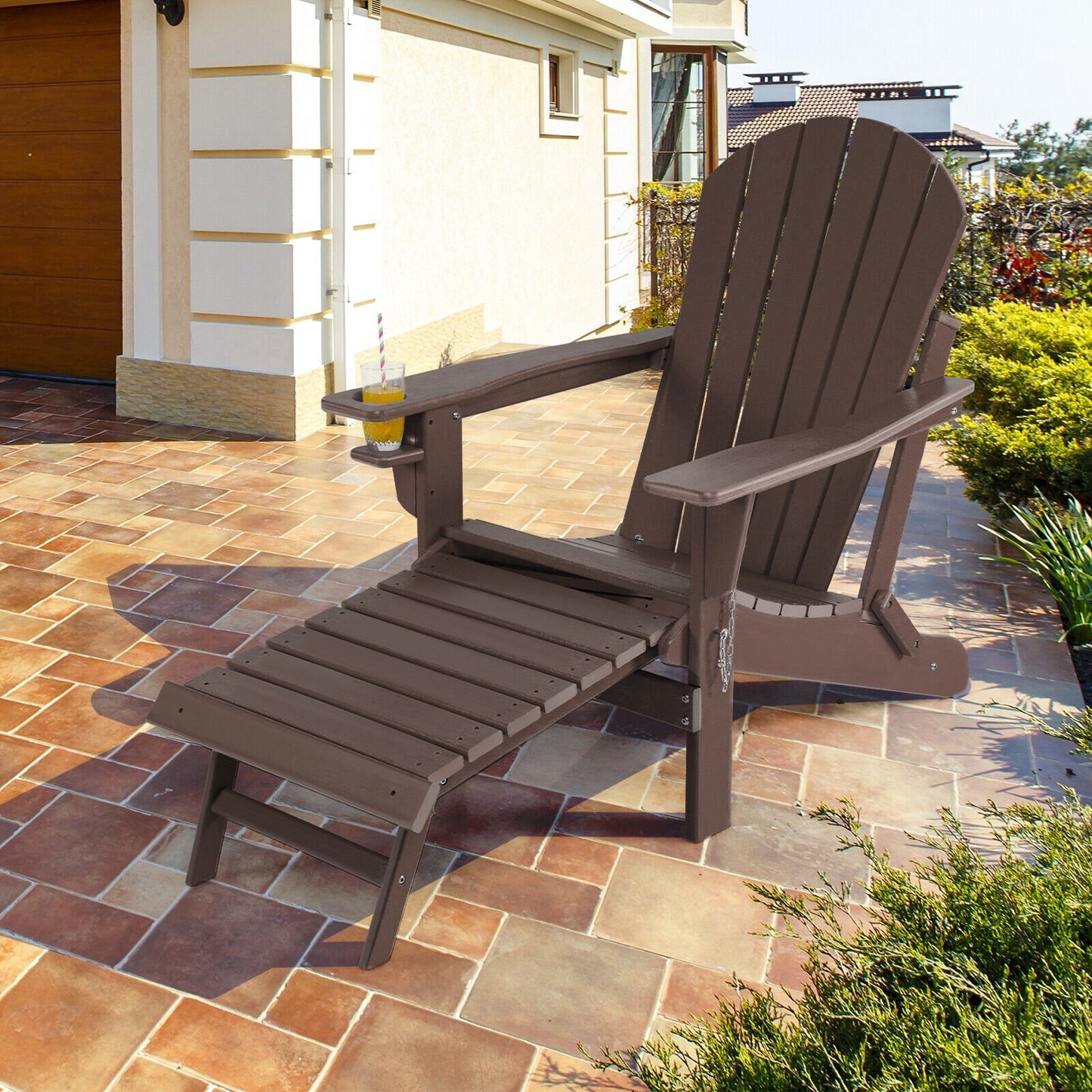 Patio All-Weather Folding Adirondack Chair with Pull-Out Ottoman-Black