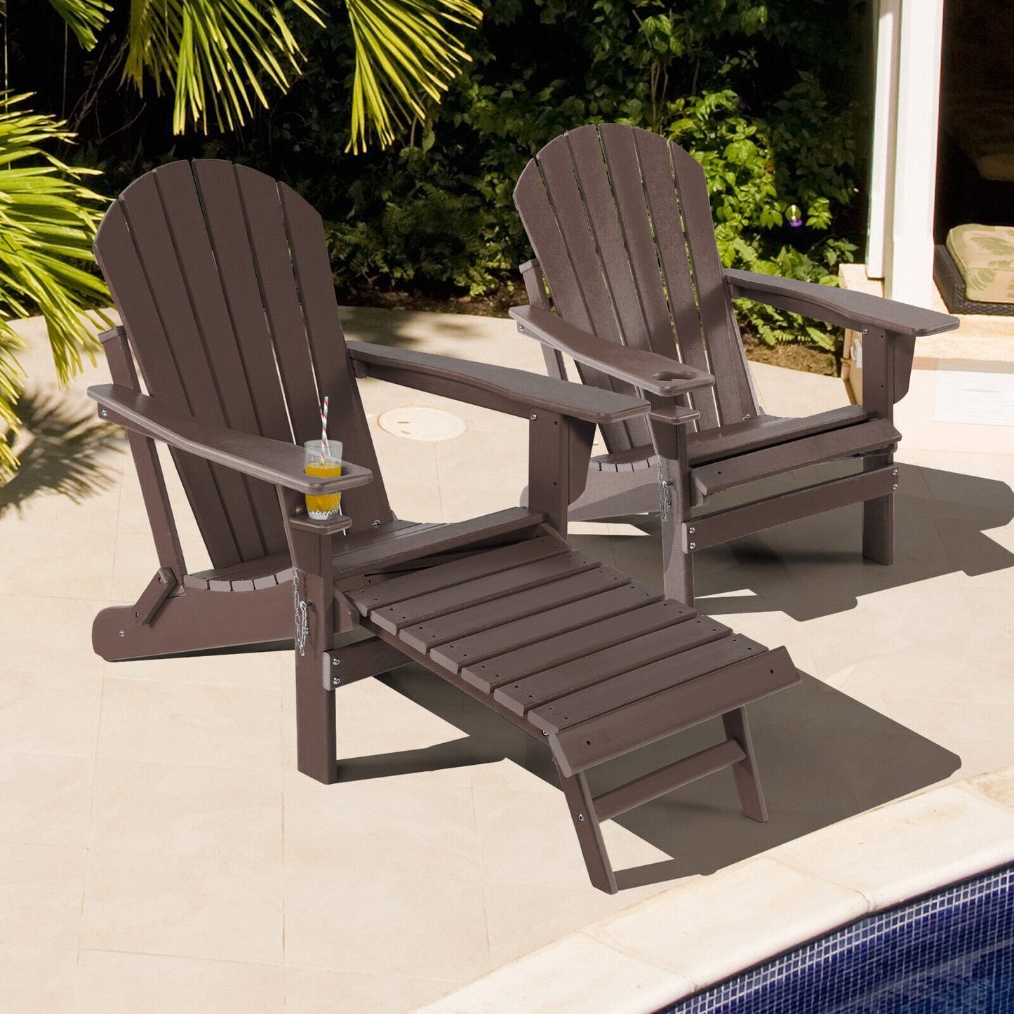 Patio All-Weather Folding Adirondack Chair with Pull-Out Ottoman-Black