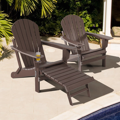 Patio All-Weather Folding Adirondack Chair with Pull-Out Ottoman-Black