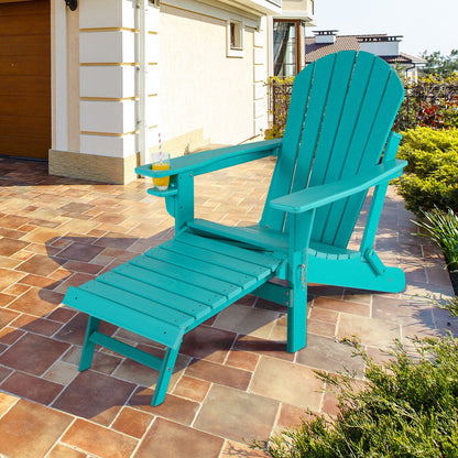 Patio All-Weather Folding Adirondack Chair with Pull-Out Ottoman-Black