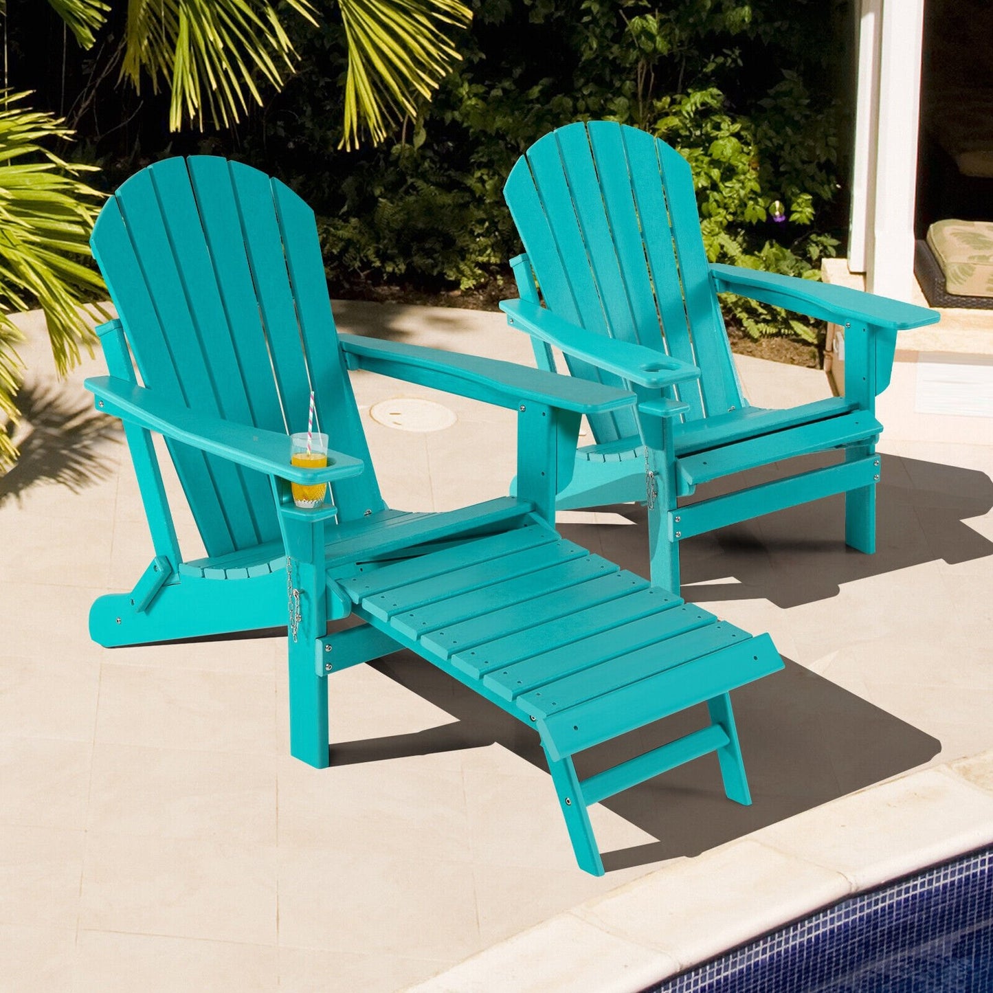 Patio All-Weather Folding Adirondack Chair with Pull-Out Ottoman-Black