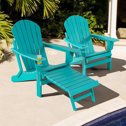 Patio All-Weather Folding Adirondack Chair with Pull-Out Ottoman-Black