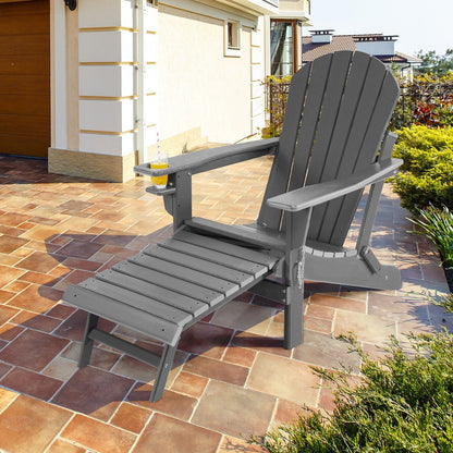 Patio All-Weather Folding Adirondack Chair with Pull-Out Ottoman-Black