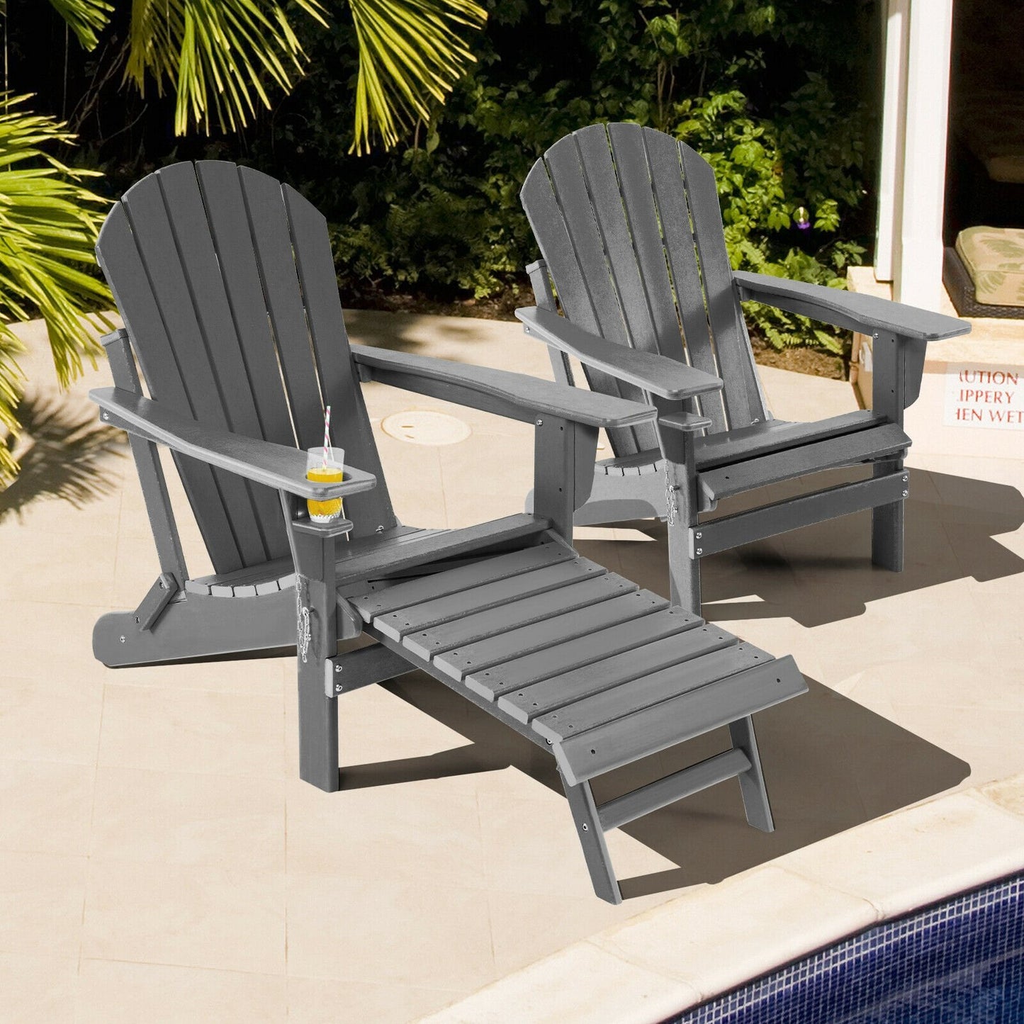 Patio All-Weather Folding Adirondack Chair with Pull-Out Ottoman-Black