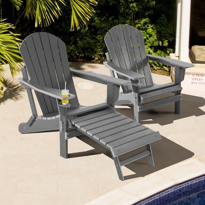 Patio All-Weather Folding Adirondack Chair with Pull-Out Ottoman-Black