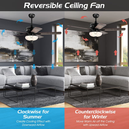 52 Inch Ceiling Fan with 3 Wind Speeds and 5 Reversible Blades-Black