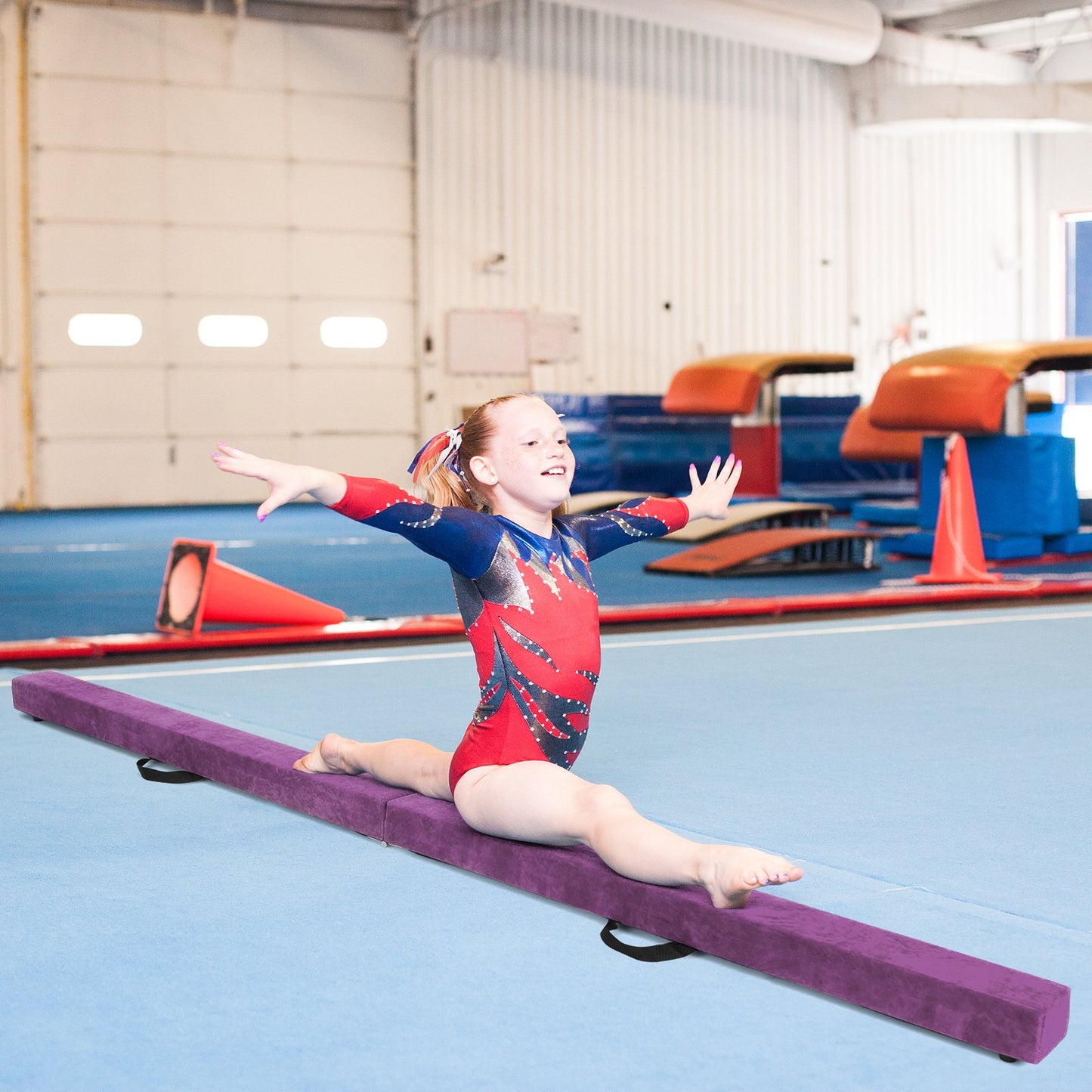 7 Feet Folding Portable Floor Balance Beam with Handles for Gymnasts-Blue