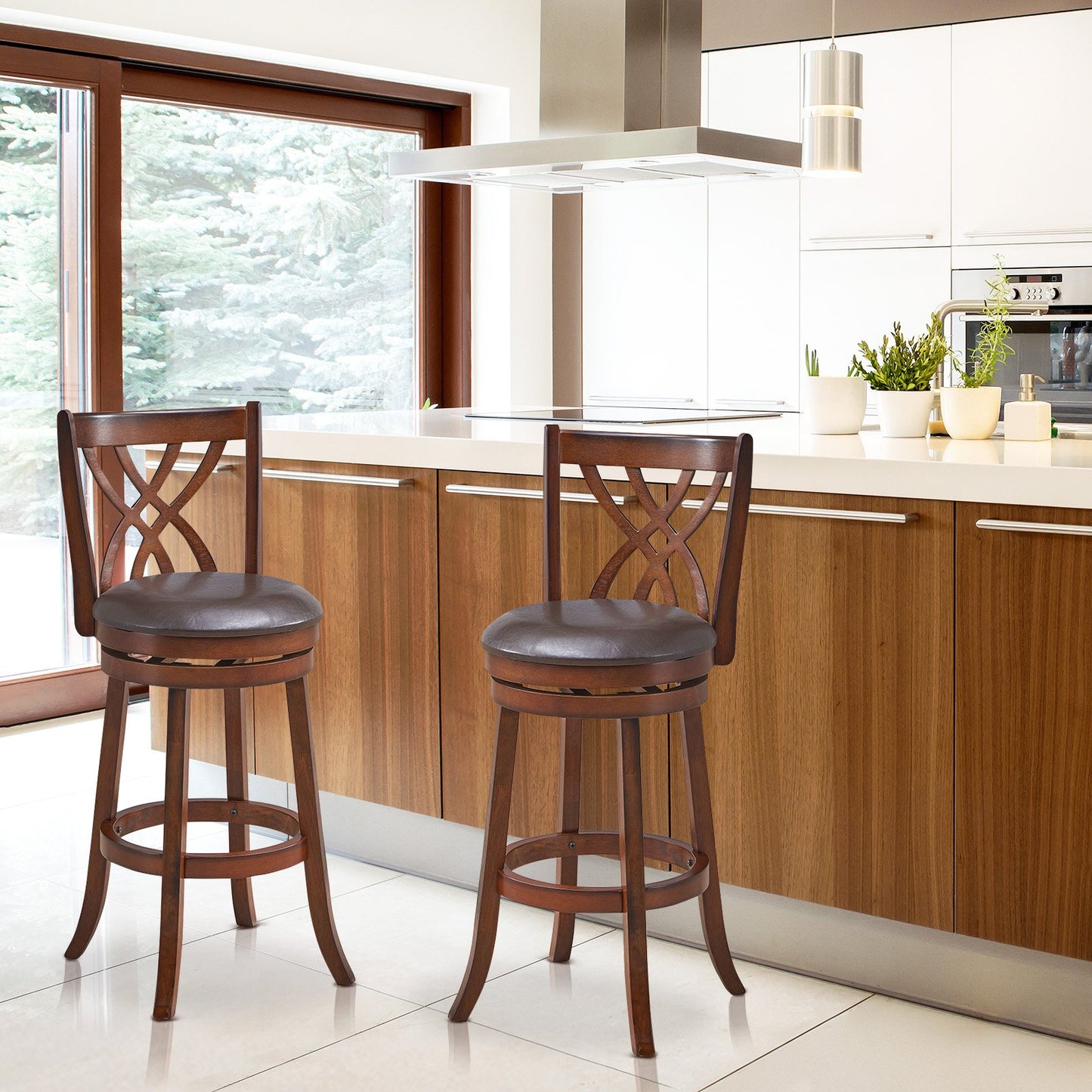 360° Swivel Counter Height Chairs with PU Leather Cushioned Seat and Footrests-26 inches