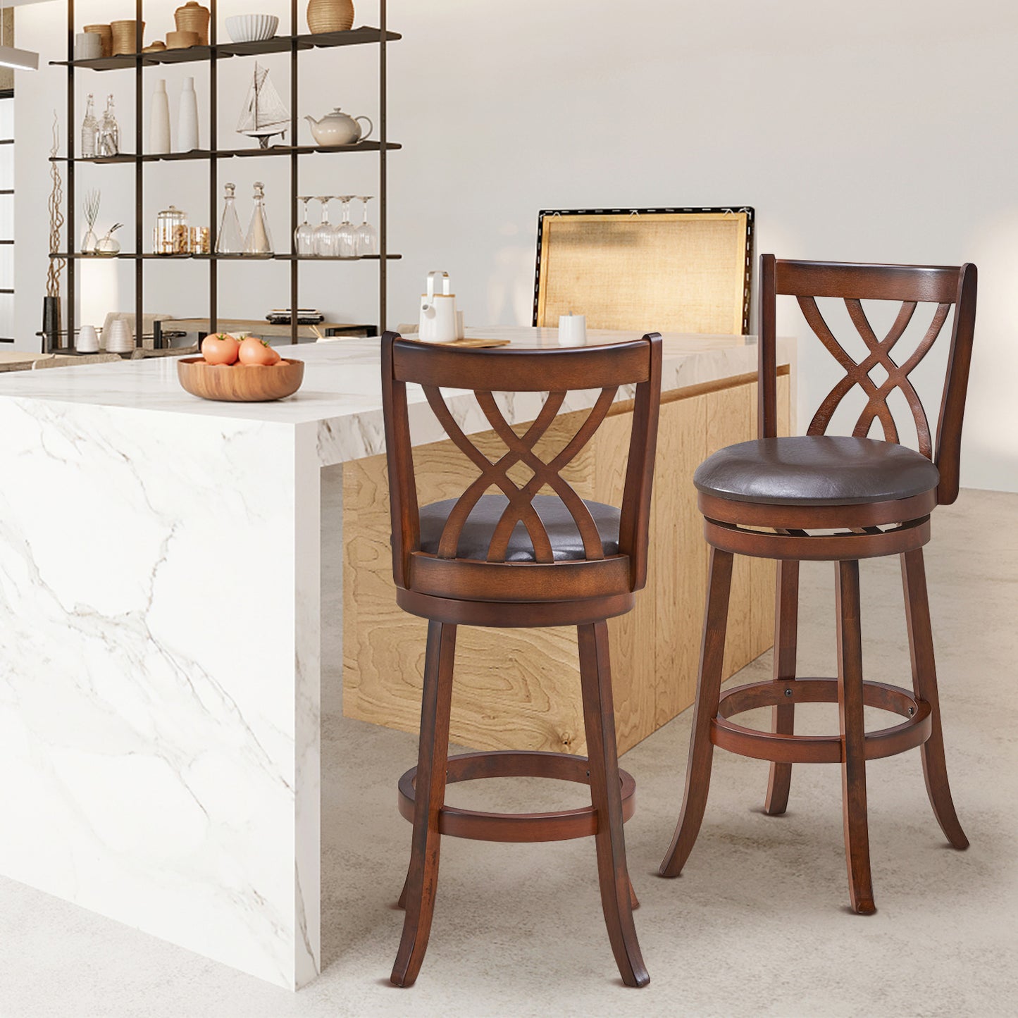 360° Swivel Counter Height Chairs with PU Leather Cushioned Seat and Footrests-26 inches