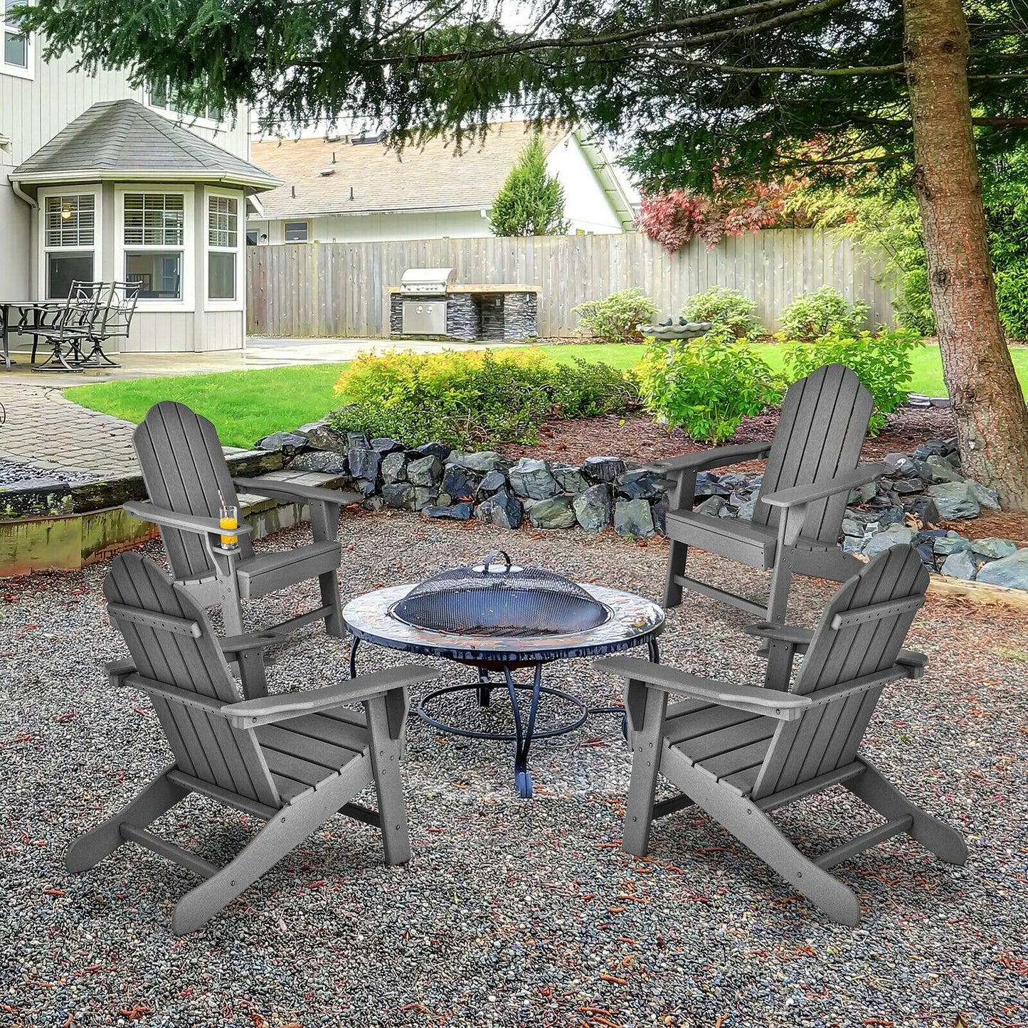 Outdoor Adirondack Chair with Built-in Cup Holder for Backyard Porch-Black
