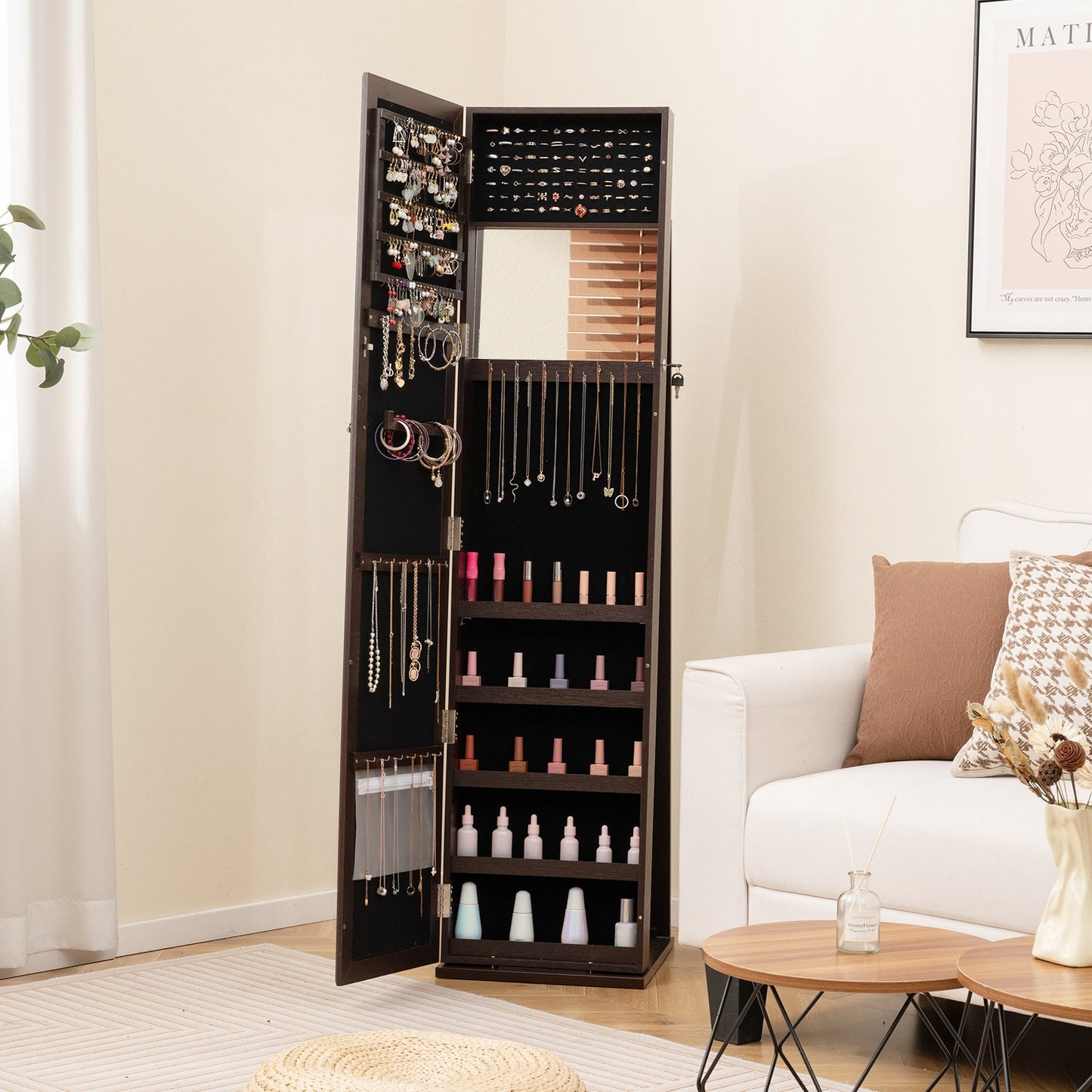 Standing Lockable Jewelry Storage Organizer with Full-Length Mirror-Black
