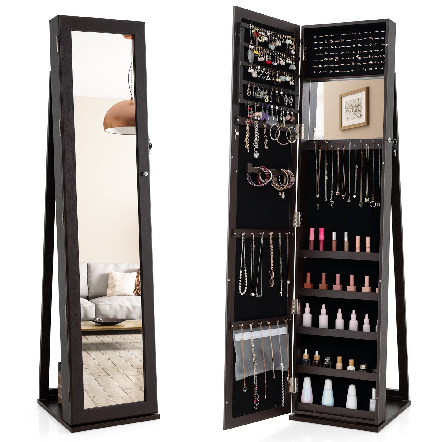 Standing Lockable Jewelry Storage Organizer with Full-Length Mirror-Black