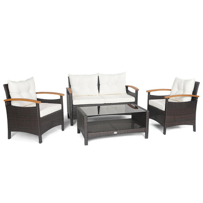 4 Pieces Patio Rattan Furniture Set with Cushioned Sofa and Storage Table-Navy