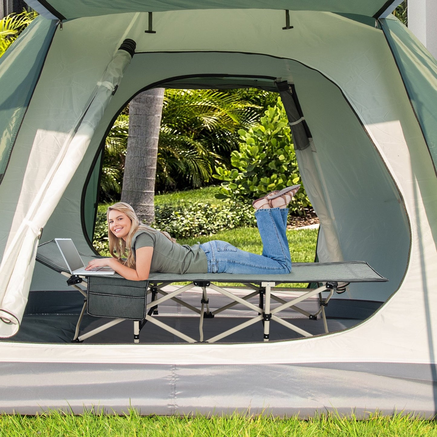 Wide Foldable Camping Cot with Carry Bag-Blue