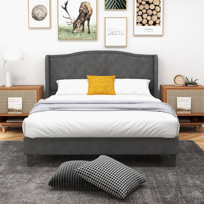 Full/Queen Size Upholstered Platform Bed Frame with Button Tufted Headboard-Queen Size