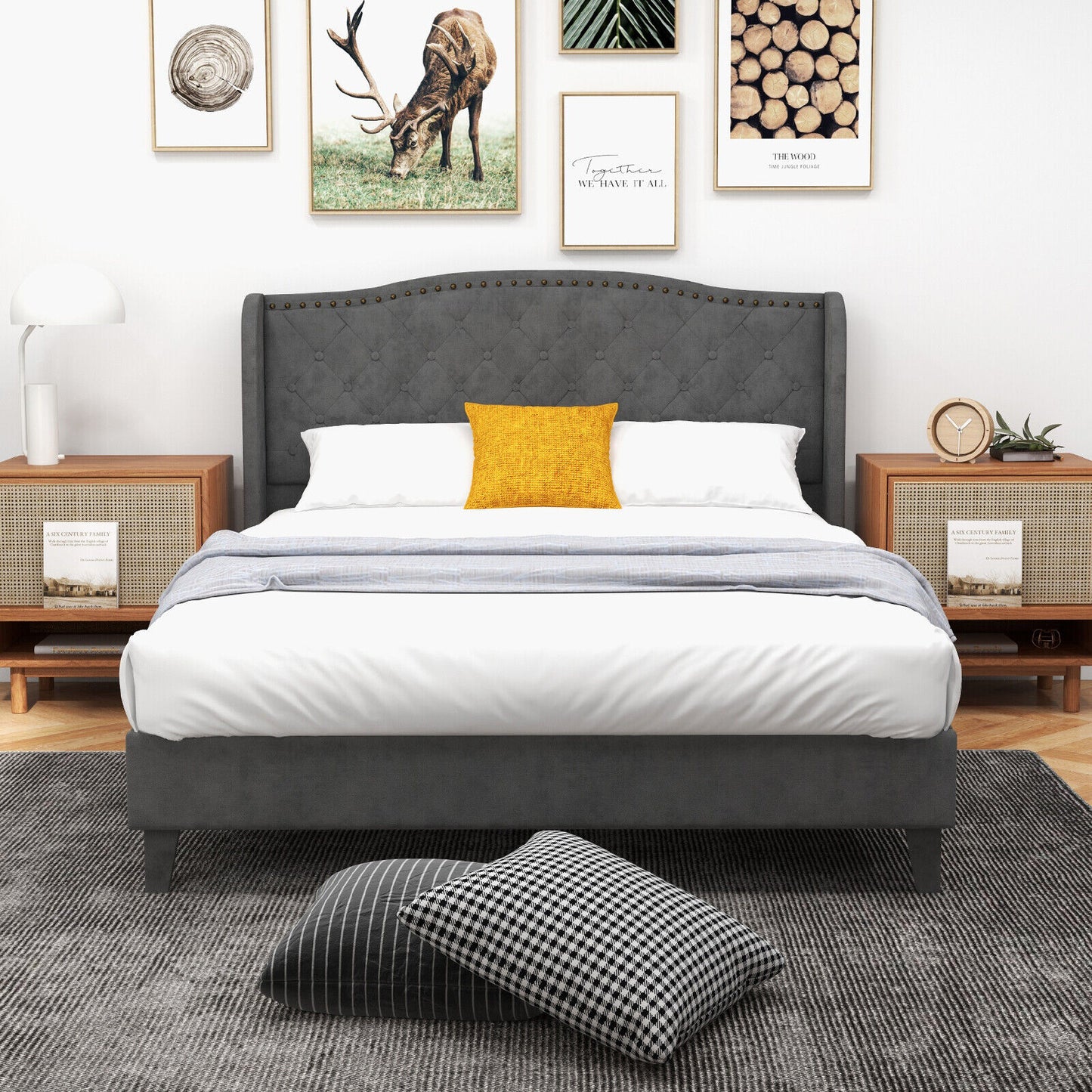 Full/Queen Size Upholstered Platform Bed Frame with Button Tufted Headboard-Full Size
