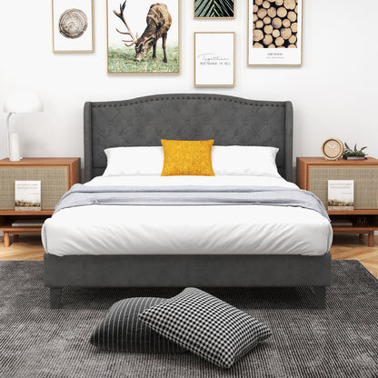 Full/Queen Size Upholstered Platform Bed Frame with Button Tufted Headboard-Full Size