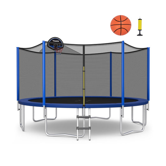 12 ft outdoor recreational trampoline with safety enclosure net, black jumping surface and sturdy frame, ideal for outdoor play.