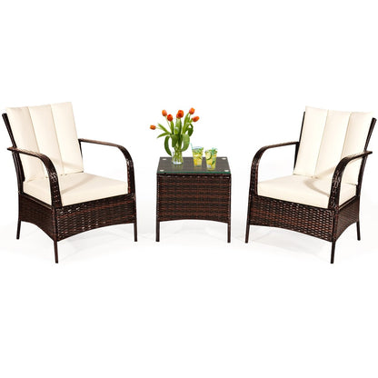 3 Pieces Patio Conversation Rattan Furniture Set with Cushions-Gray