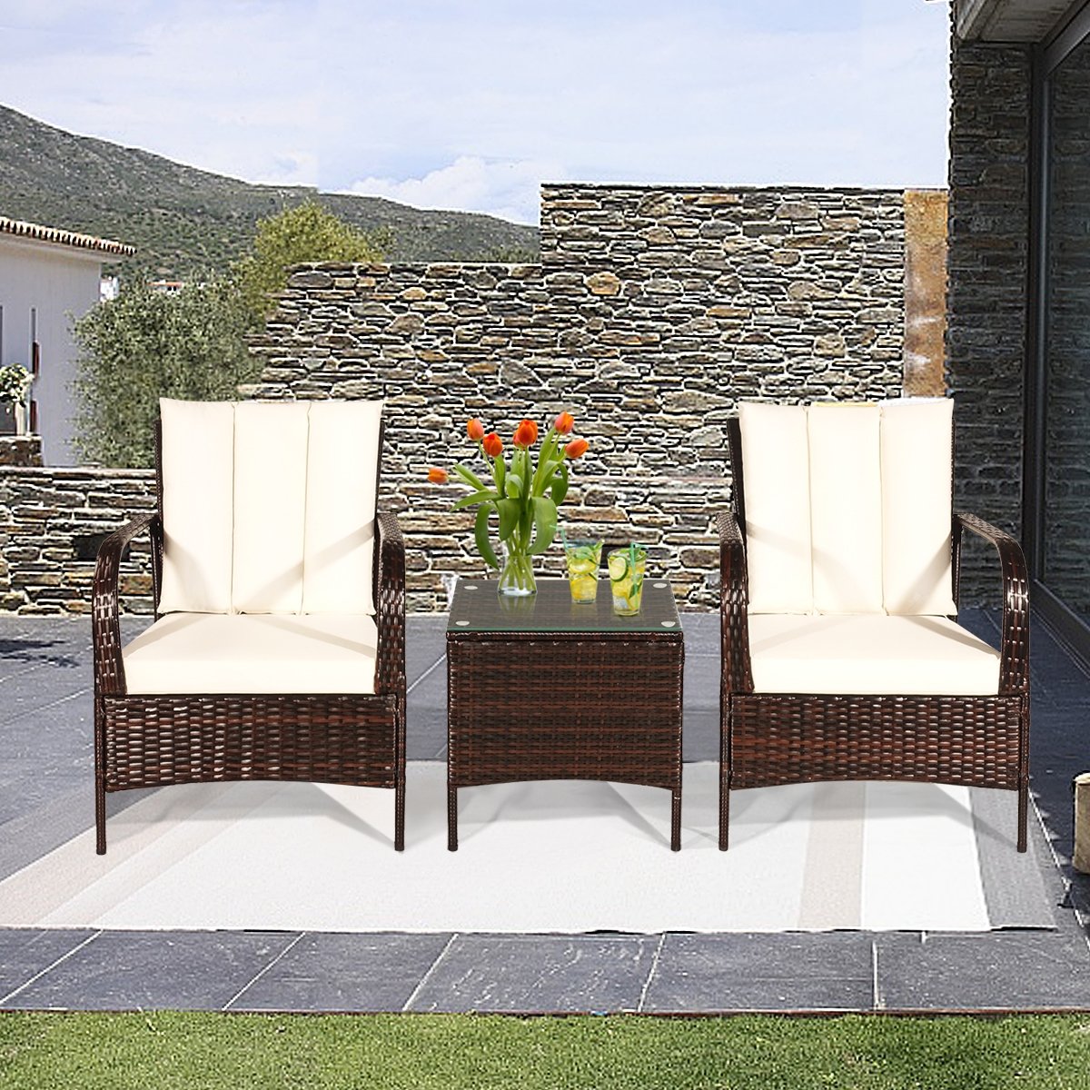 3 Pieces Patio Conversation Rattan Furniture Set with Cushions-Gray