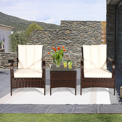 3 Pieces Patio Conversation Rattan Furniture Set with Cushions-Gray