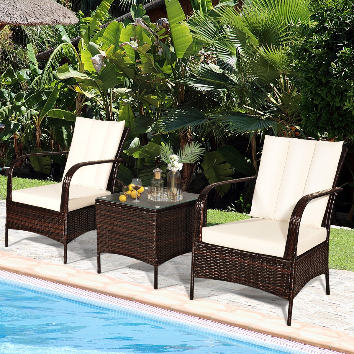 3 Pieces Patio Conversation Rattan Furniture Set with Cushions-Gray