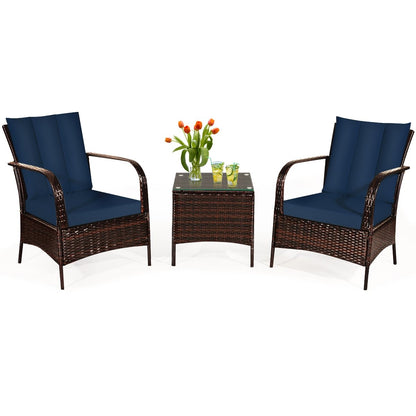 3 Pieces Patio Conversation Rattan Furniture Set with Cushions-Gray