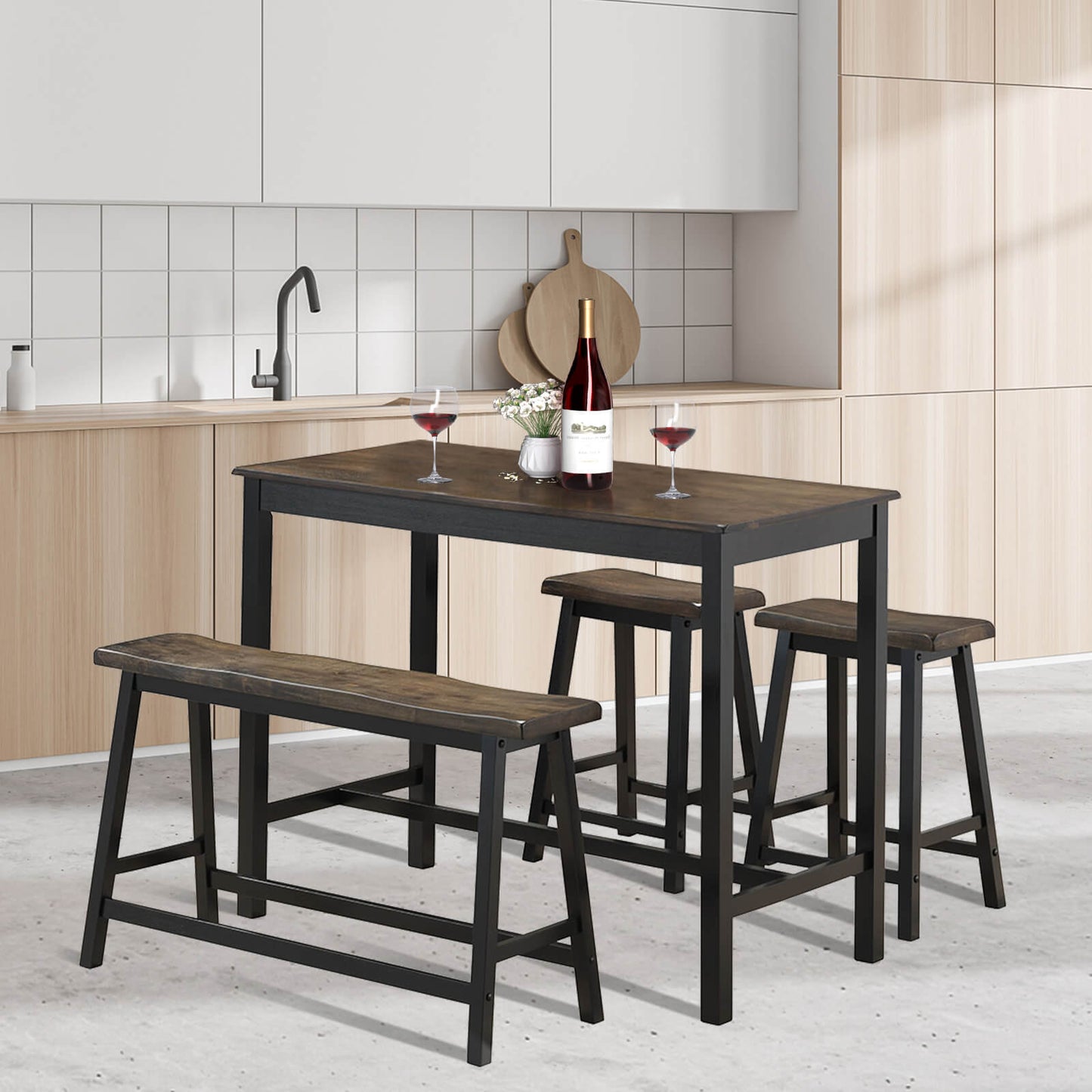 4 pcs Solid Wood Counter Height Dining Table Set-Coffee