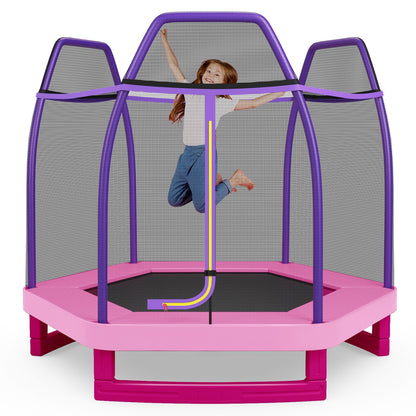 7 Ft Kids Trampoline W/ Safety Enclosure Net-Blue