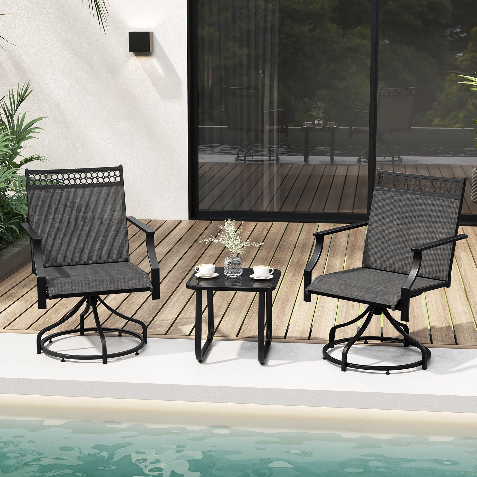 Set of 2 outdoor patio swivel dining chairs with heavy-duty metal frames, armrests, in brown, designed for outdoor seating.