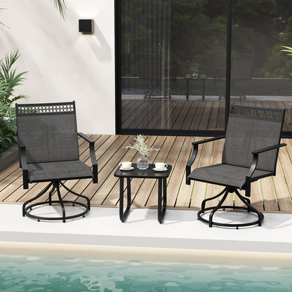 Set of 2 outdoor patio swivel dining chairs with heavy-duty metal frames, armrests, in brown, designed for outdoor seating.