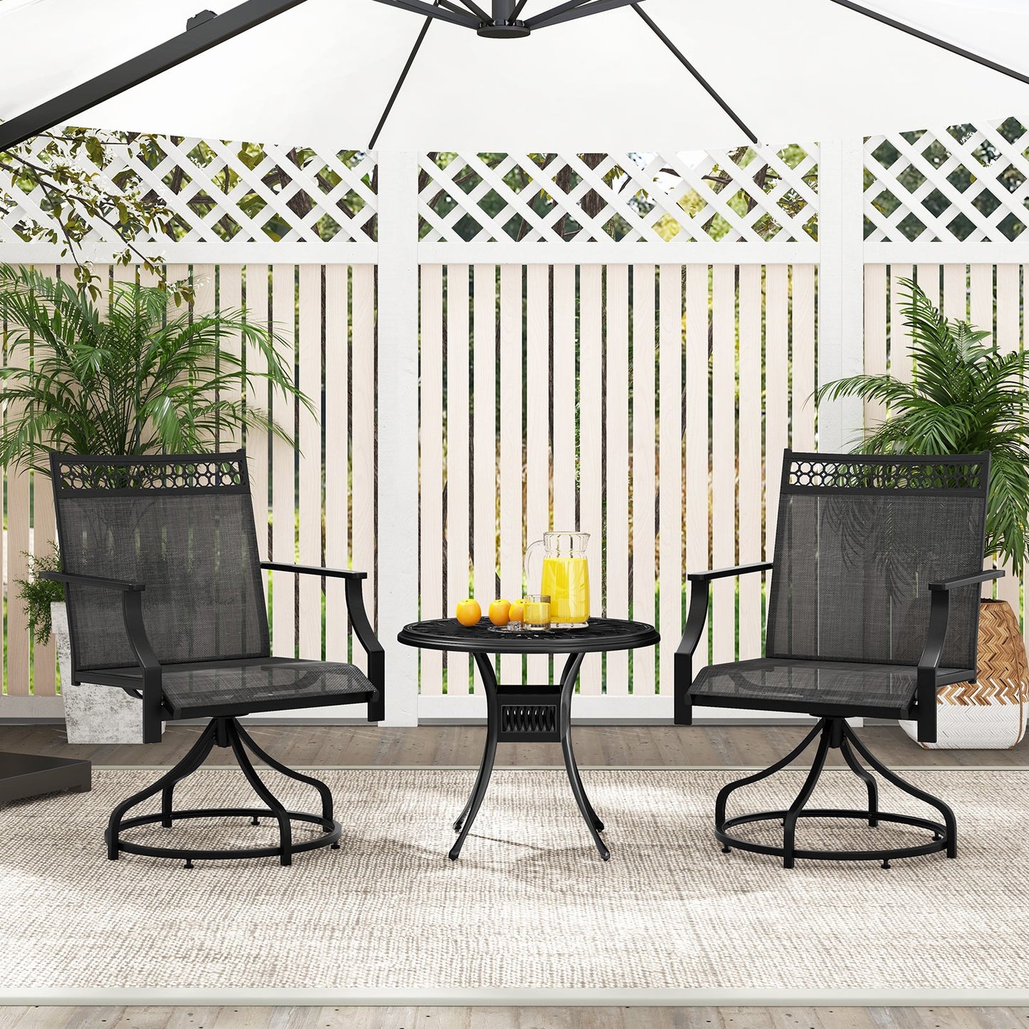 Set of 2 brown outdoor patio swivel dining chairs with heavy-duty metal frames and armrests, ideal for outdoor seating.