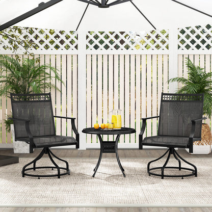Set of 2 brown outdoor patio swivel dining chairs with heavy-duty metal frames and armrests, ideal for outdoor seating.