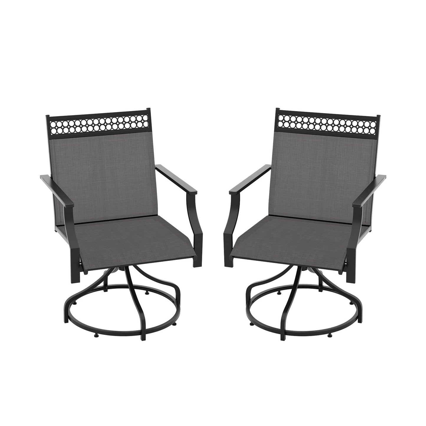 Set of 2 brown patio swivel dining chairs with heavy-duty metal frames and armrests, outdoor seating for patio dining.