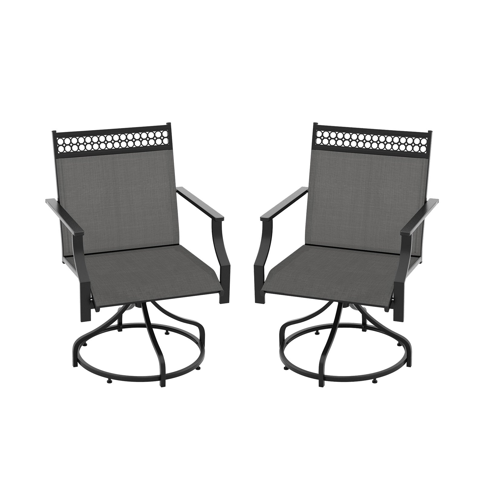 Set of 2 brown patio swivel dining chairs with heavy-duty metal frames and armrests, outdoor seating for patio dining.