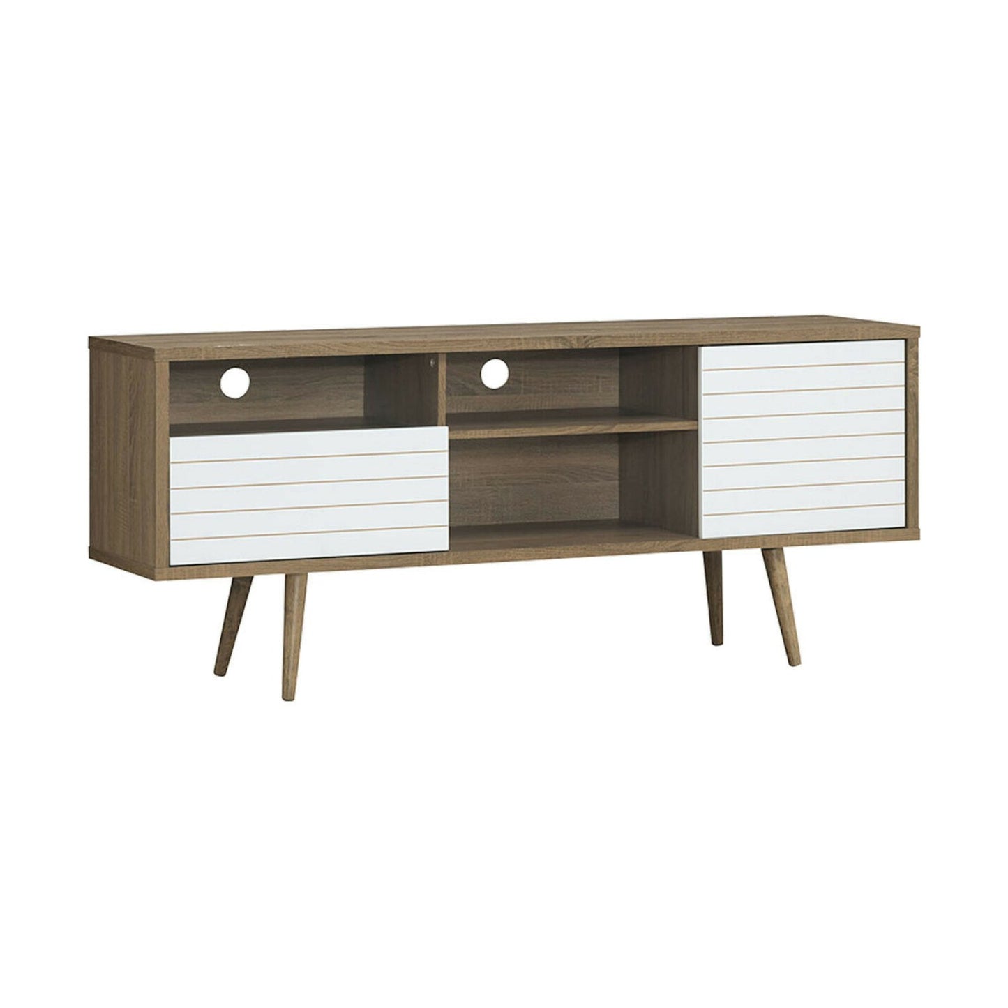 Mid-century modern TV stand by Wilsons Home Store with storage shelves, suitable for 65-inch TVs, in a sleek wood finish.