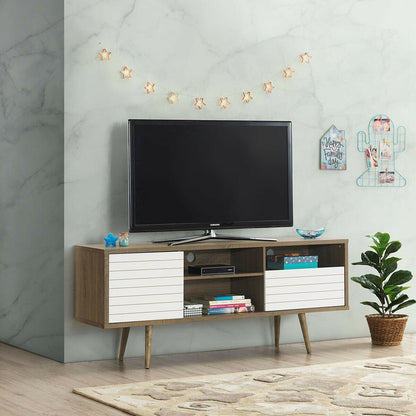 Mid-century modern Wilsons Home Store TV stand with storage shelves, designed for 65-inch TVs, in a contemporary living room setting