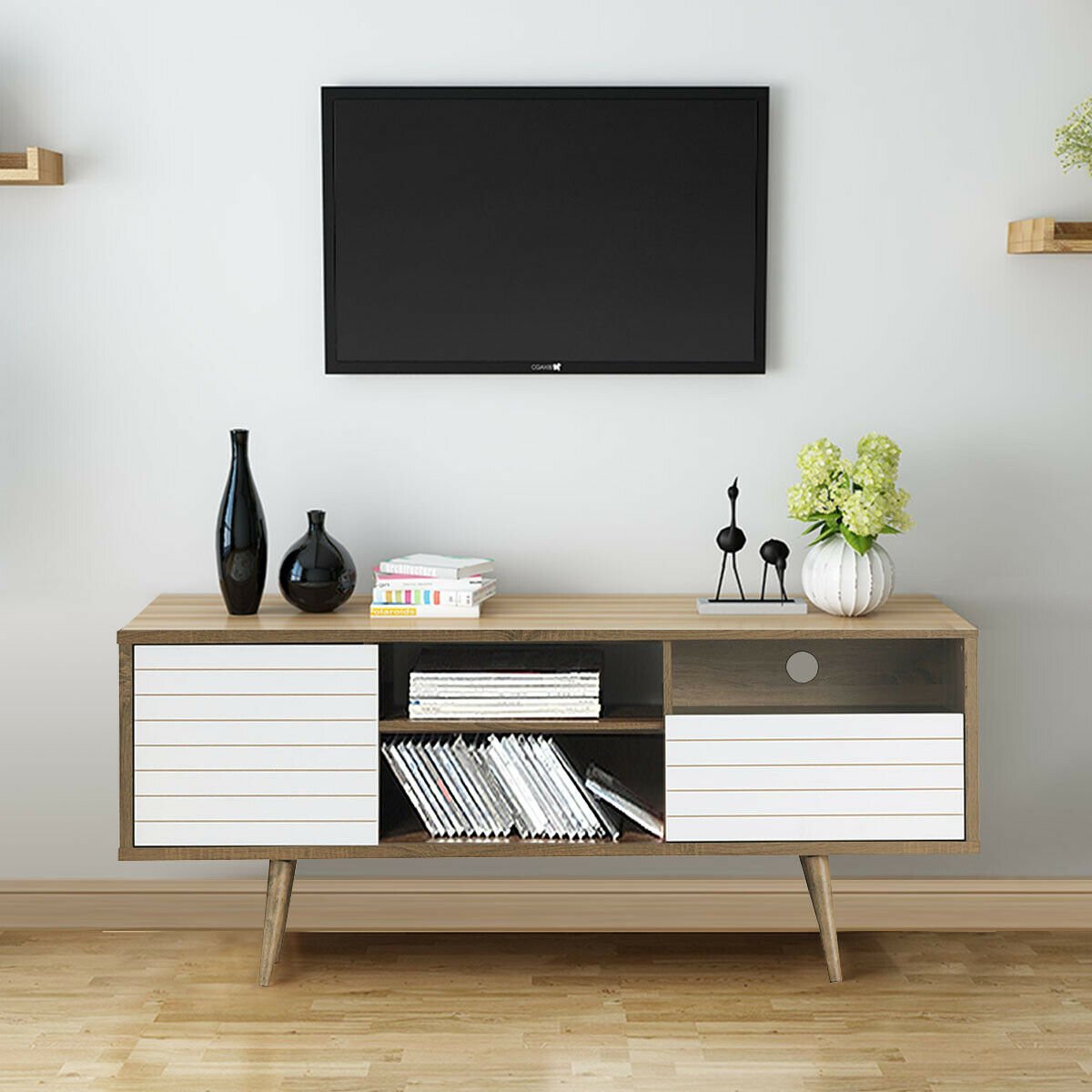 Mid-century modern TV stand with storage shelves for 65-inch TVs, featuring sleek wood finish and contemporary design.