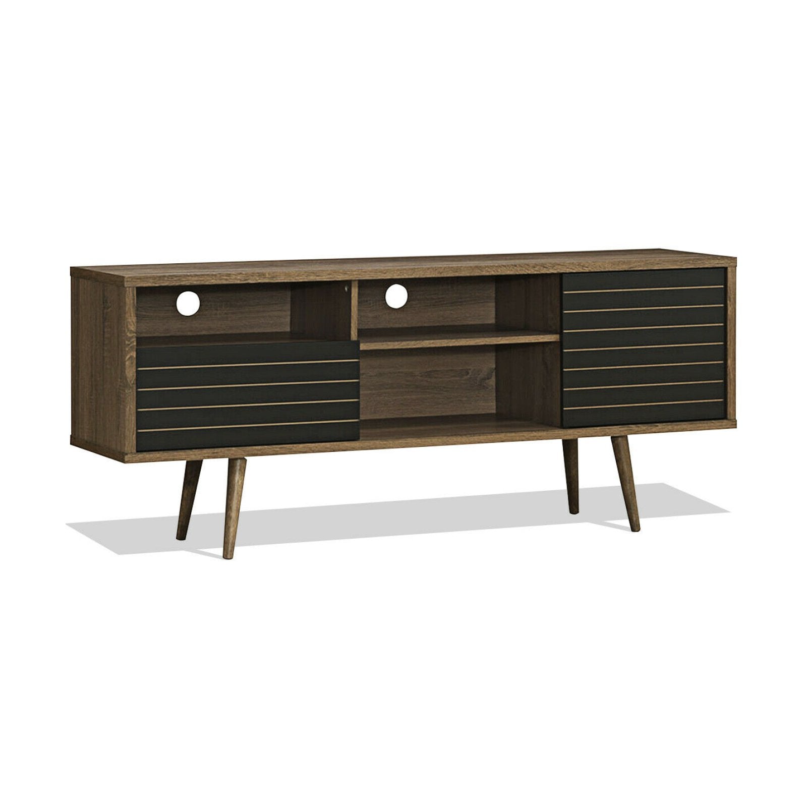 Mid-century modern TV stand with storage shelves for 65-inch TVs, featuring sleek design and wood finish from Wilsons Home Store.