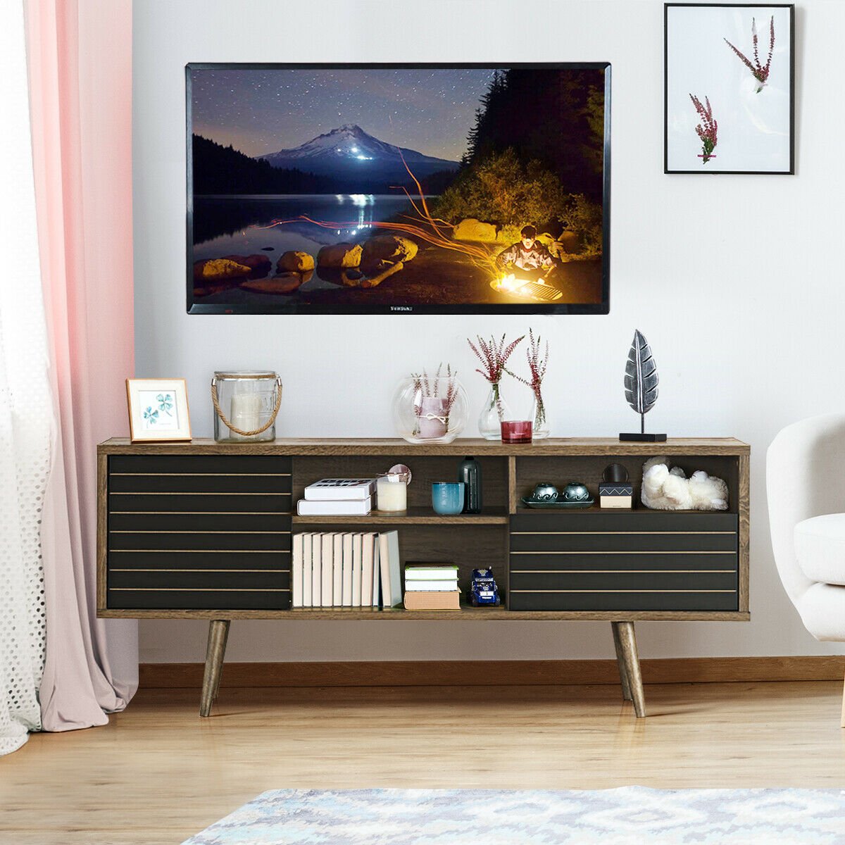 Mid-century modern TV stand with storage shelves for 65-inch TVs, featuring sleek design and ample space for media devices.