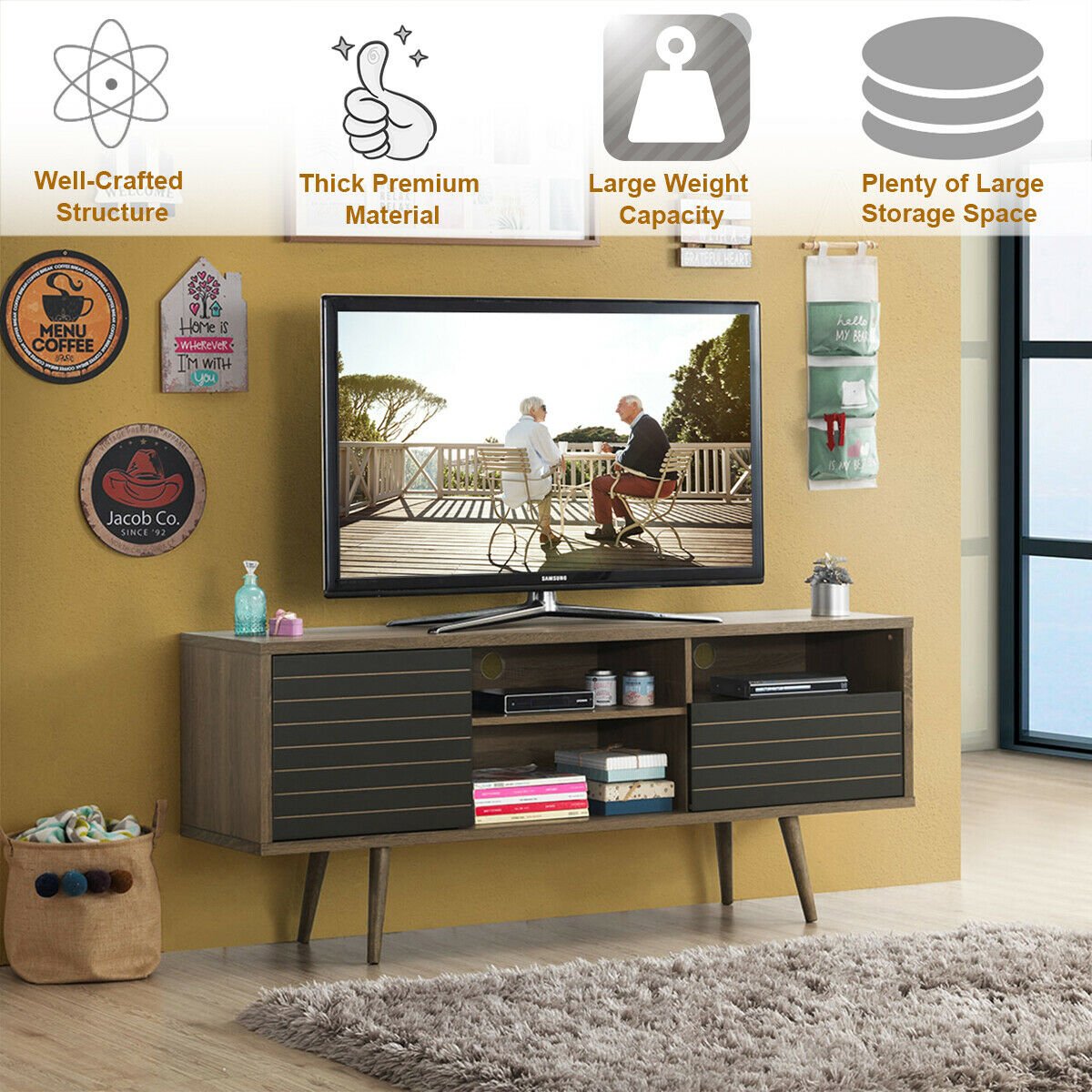 Mid-century modern TV stand by Wilsons Home Store with storage shelves, designed for 65-inch TVs, in a stylish living room setting.