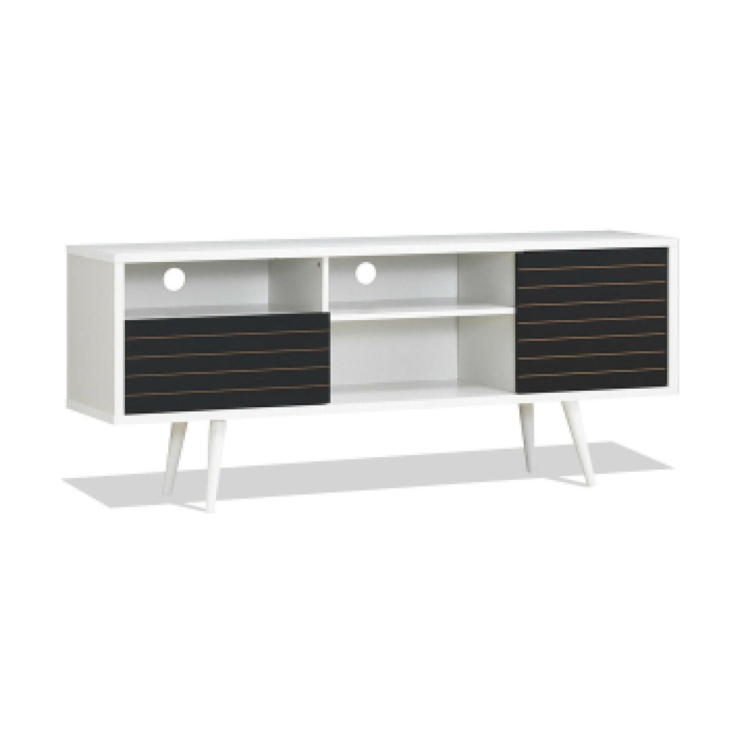 Mid-century modern TV stand with storage shelves for 65-inch TVs, featuring sleek wood finish and contemporary design.
