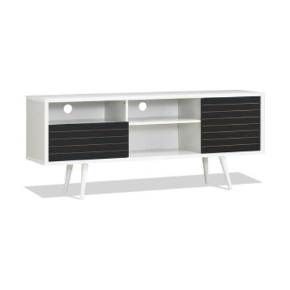 Mid-century modern TV stand with storage shelves for 65-inch TVs, featuring sleek wood finish and contemporary design.