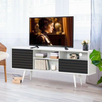 Mid-century modern TV stand with storage shelves for 65-inch TVs, featuring wood finish and open compartments for living room decor.