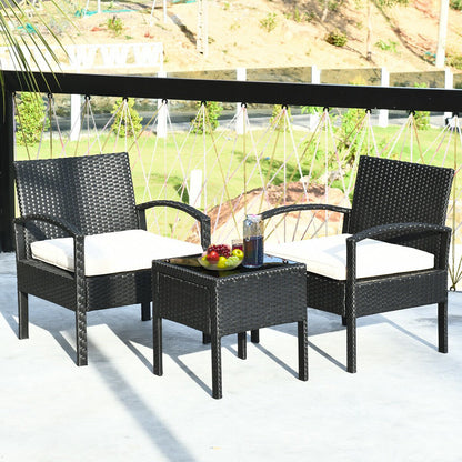 3 Pieces Outdoor Rattan Patio Conversation Set with Seat Cushions-Gray