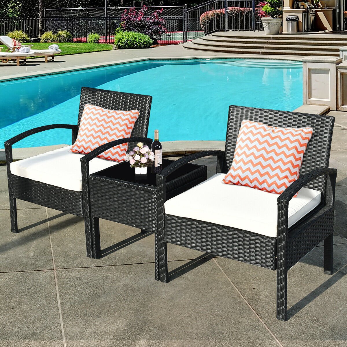 3 Pieces Outdoor Rattan Patio Conversation Set with Seat Cushions-Gray