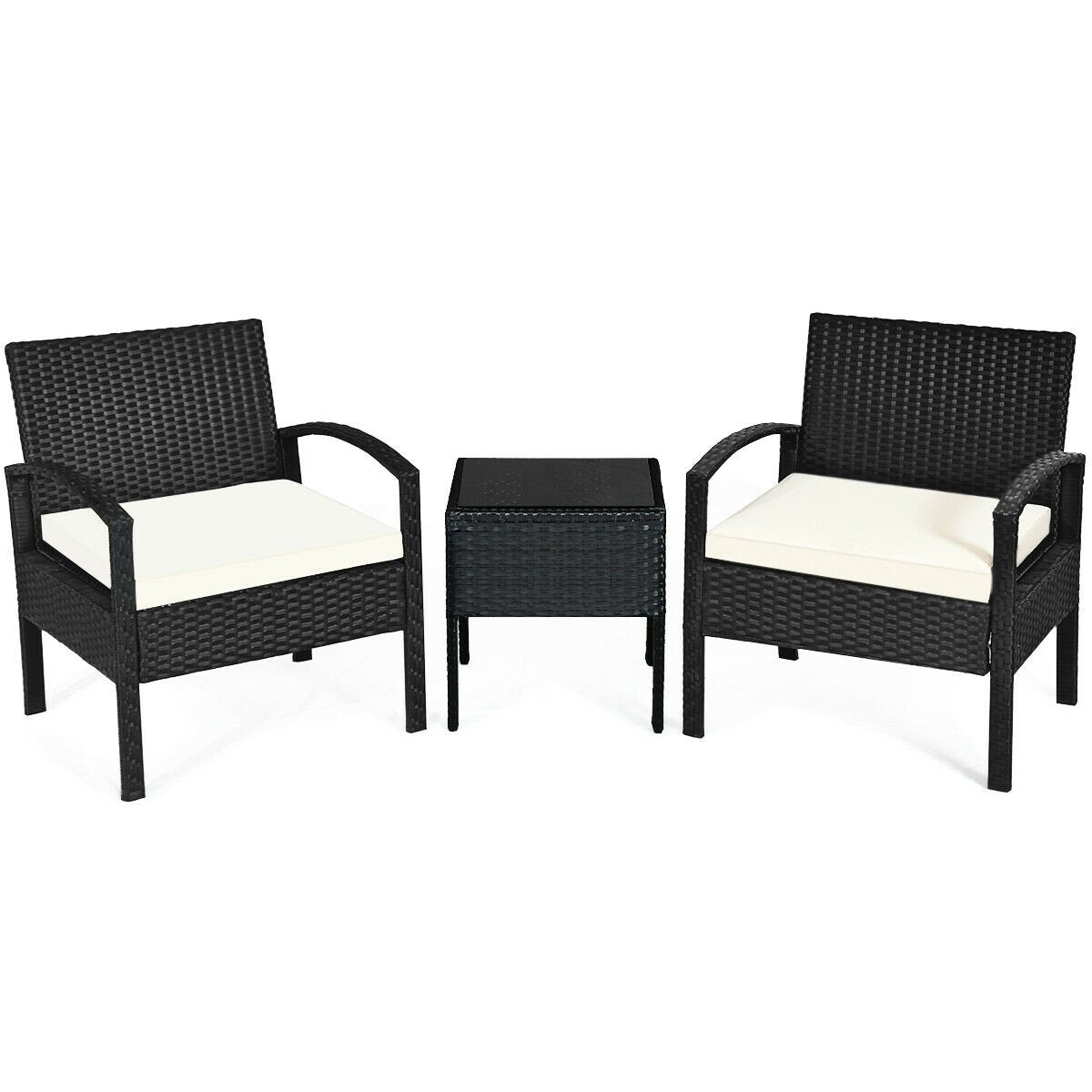 3 Pieces Outdoor Rattan Patio Conversation Set with Seat Cushions-Gray