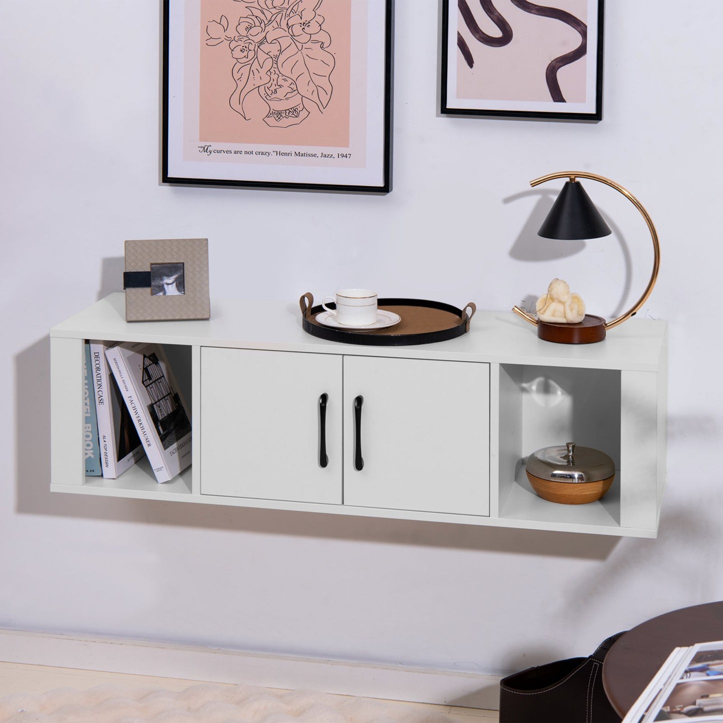 Wall Mounted Floating 2 Door Desk Hutch Storage Shelves